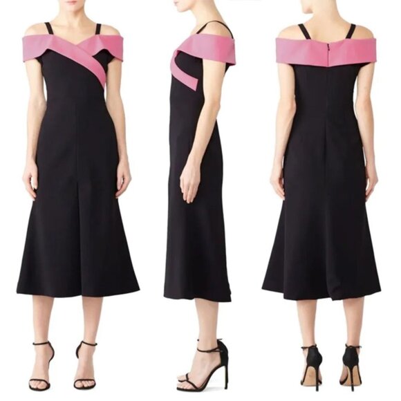 Christian Siriano Cold-Shoulder Midi A-Line Dress Crepe in Black/Pink Si… - Picture 2 of 15